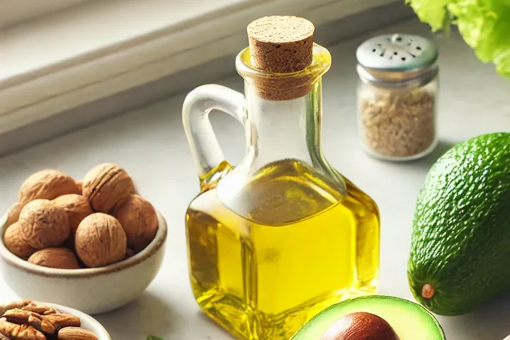 A table set with avocado, olive oil, and walnuts — foods that help lower A1C